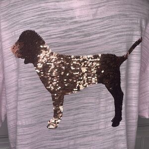 Victoria’s Secret PINK Sequin Dog Design Deep Vneck Pale Pink Tee Large TShirt